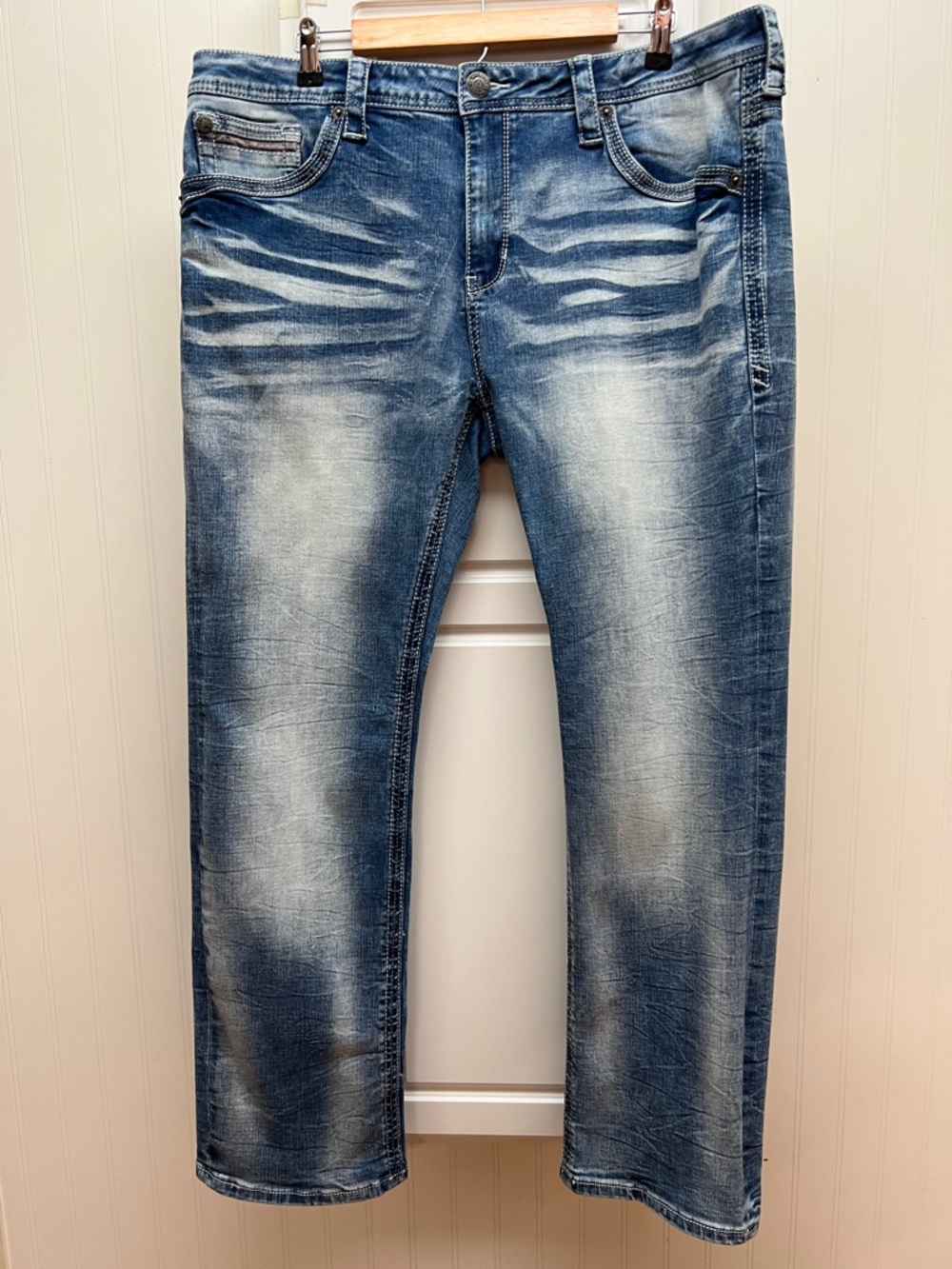 American Fighter Men's Distressed Blue Straight Jeans